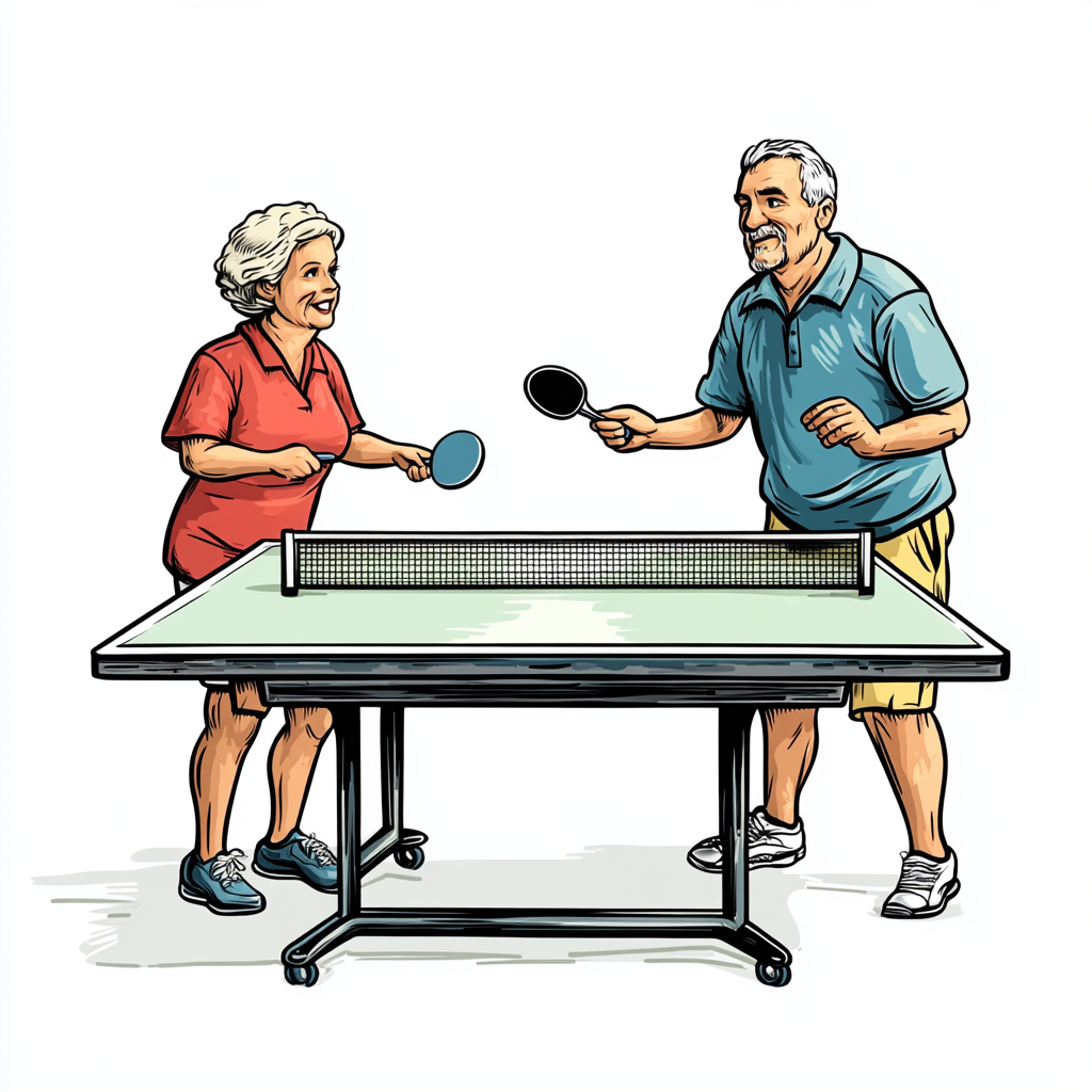 50-year-old couple playing animated ping pong