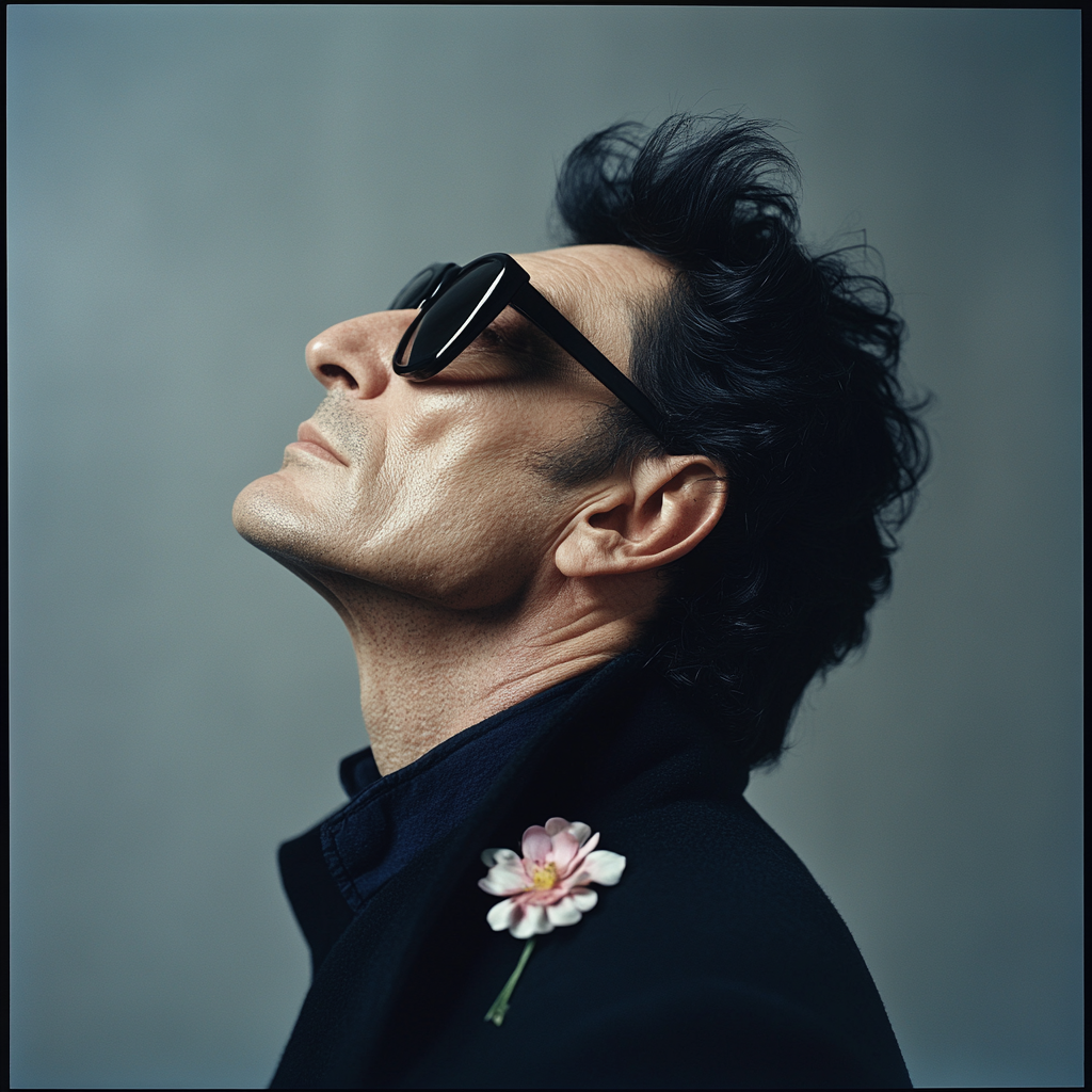 50-year-old man in profile with dark glasses and flower