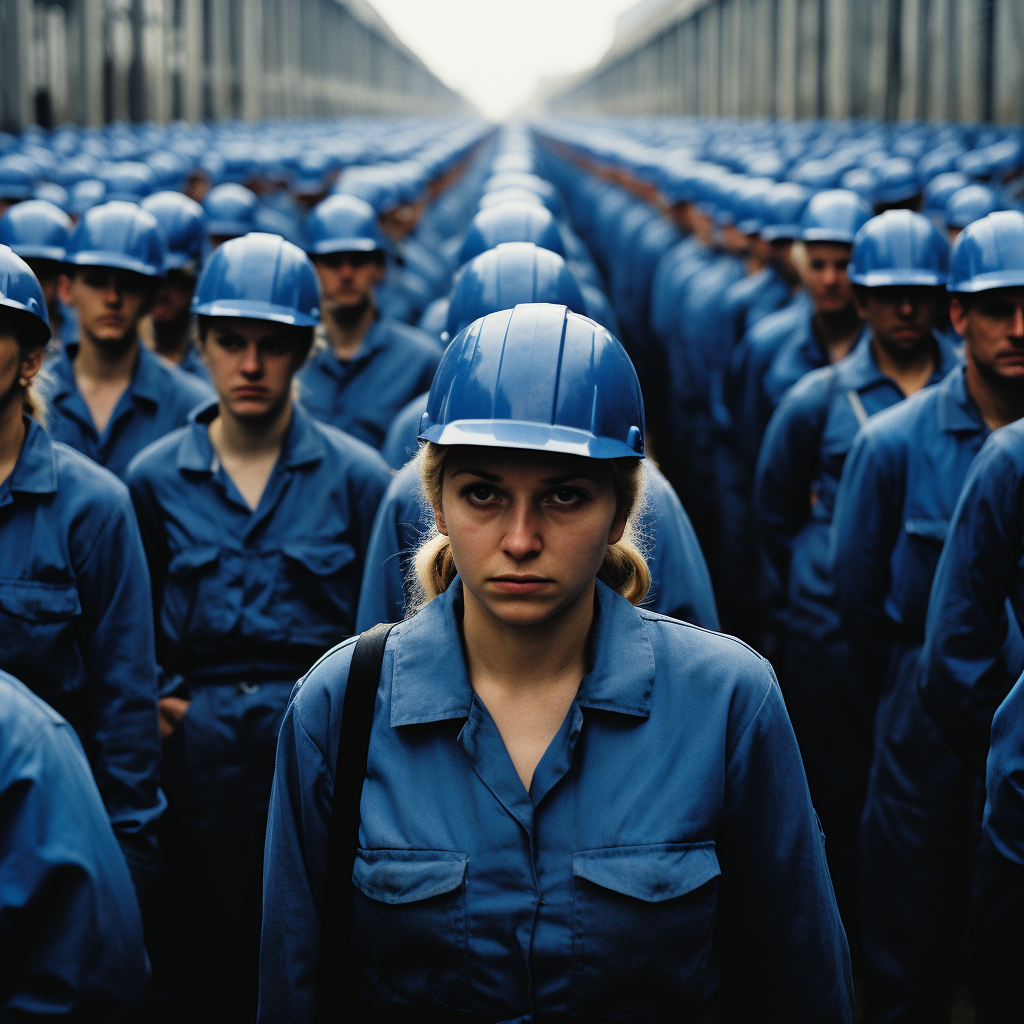 Image of 500 workers wearing blue overalls and white helmets in an industrial yard