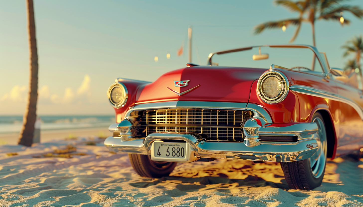 Vintage 50s car cruising on beach