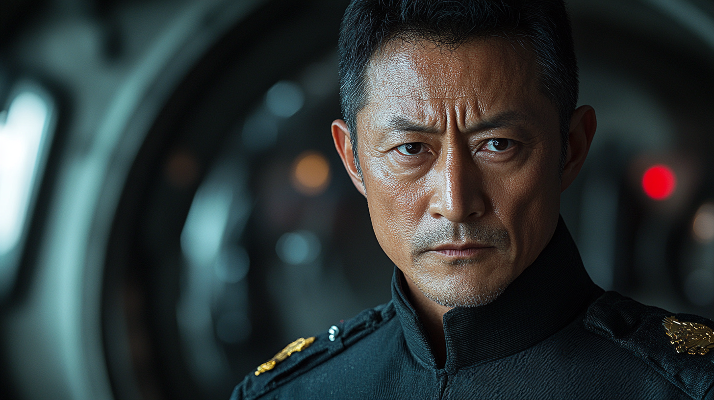 52-year-old Chinese general with black hair and scar poses fashionably at space base.