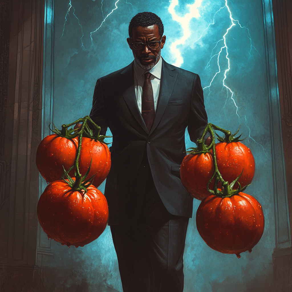 53-year-old black man in suit holds huge tomatoes. Lightning flashes. Wise, kind, badass.