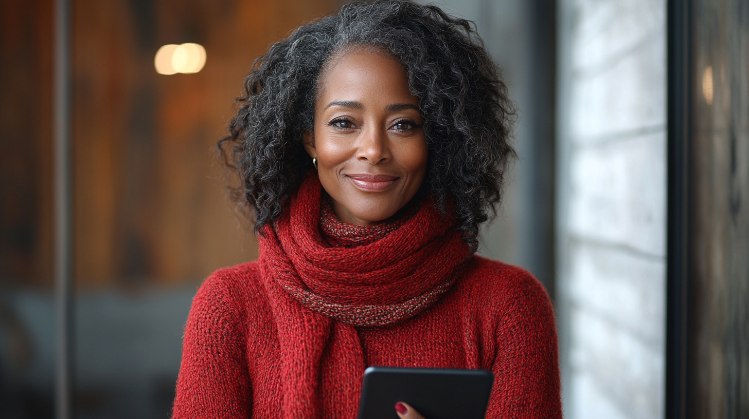 55 year old Black woman smiling with tablet phone.