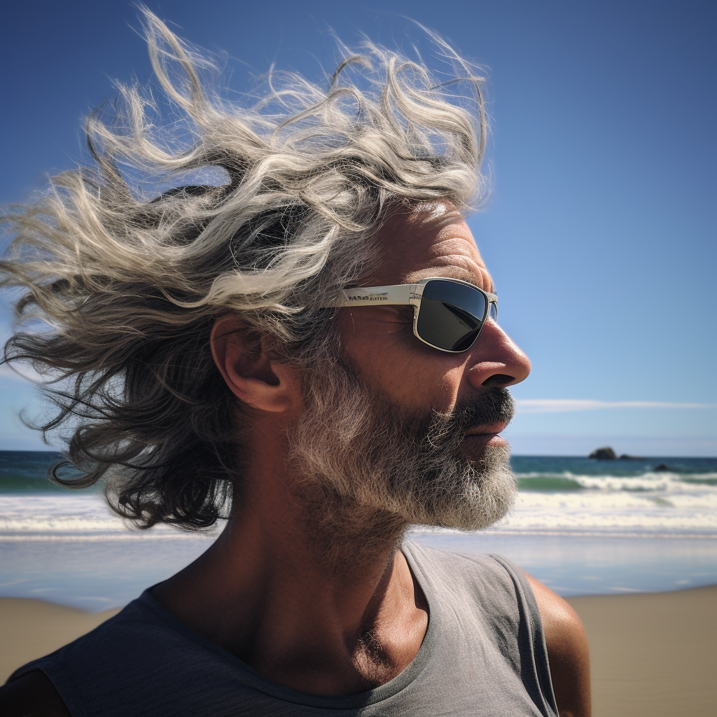 Mature man at beach with salt and pepper hair