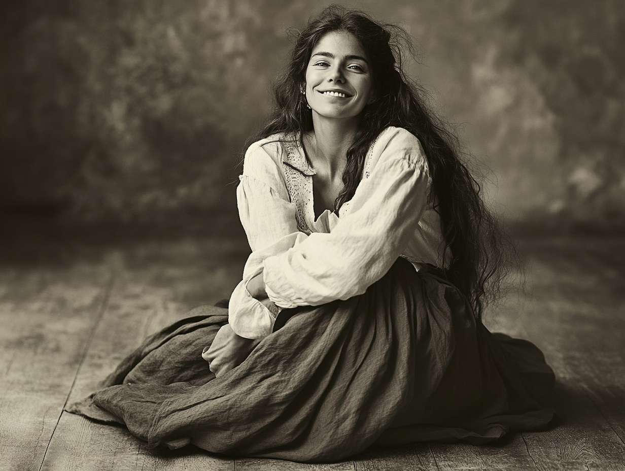 55 year old woman resembling Selena Gomez, in peasant attire, sitting on floor and smiling.