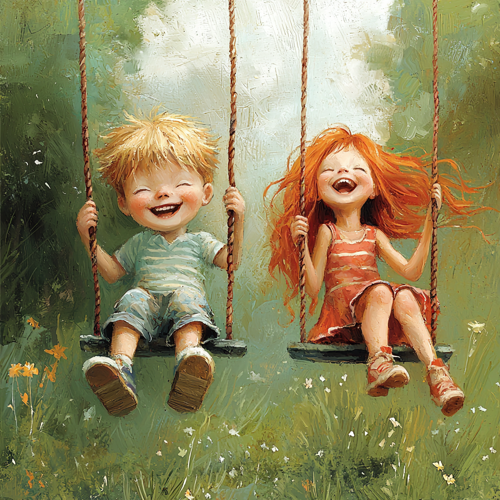 6-year-old boy swinging, girl laughing on swing, day