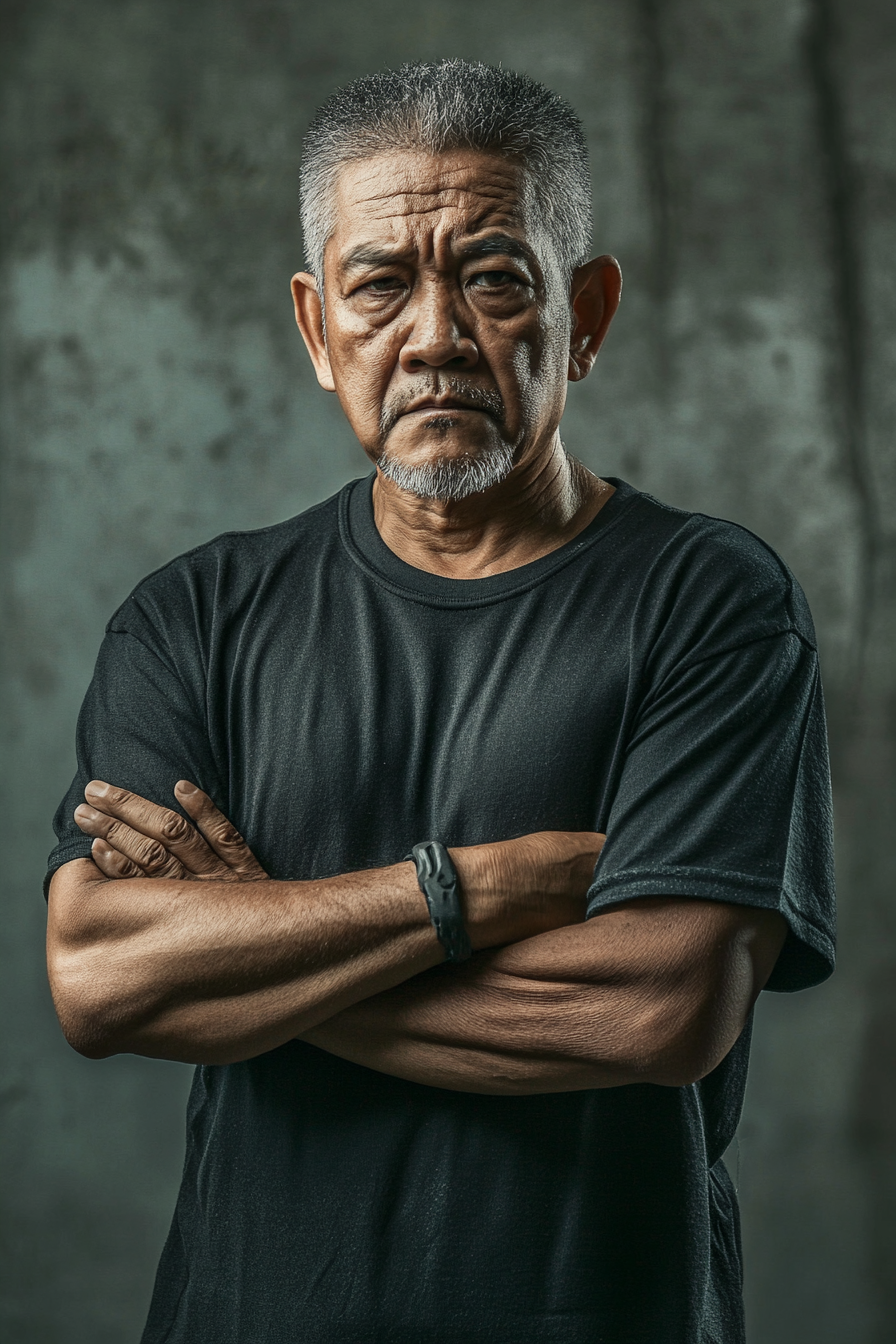 60-year-old Malay man with folded arms, determined expression.