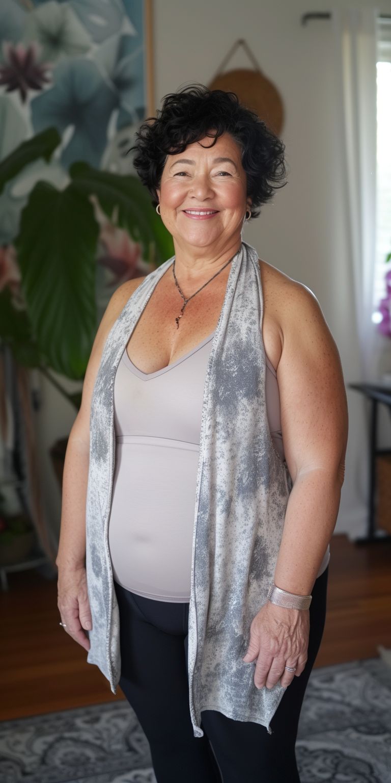 Smiling 60-year-old woman in yoga room