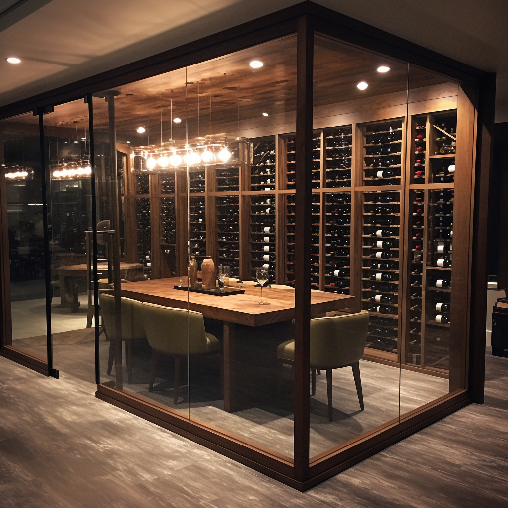 Glass Encased Wine Room with Wood Tones