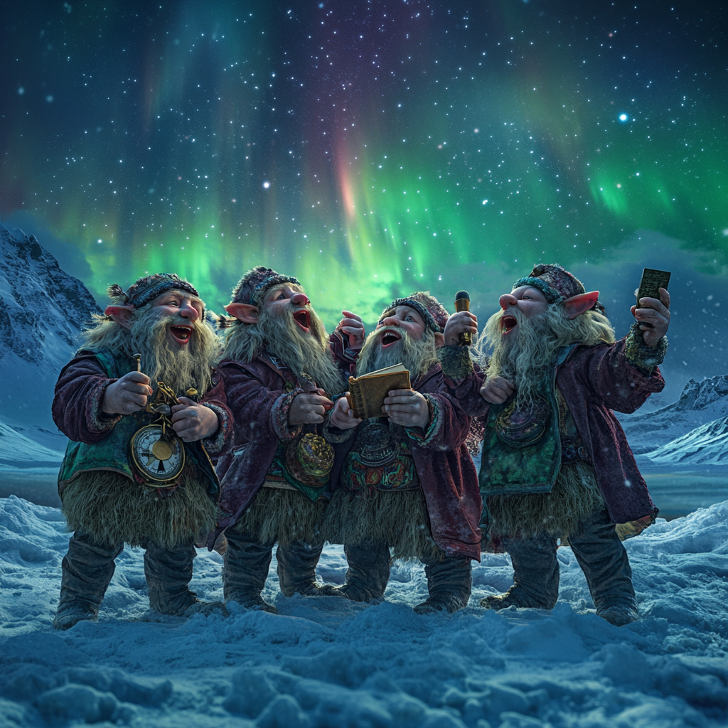 7 trolls singing in snow under northern lights, Iceland