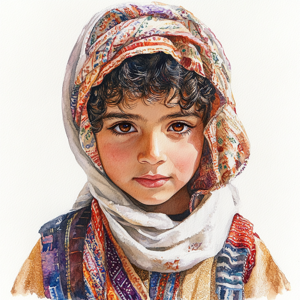 7-year-old Arab boy in thobe and keffiyeh, watercolor.