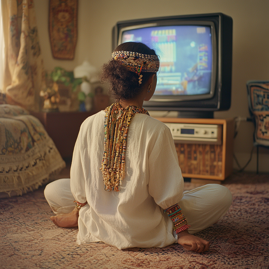 7-year-old Zaha plays Atari in culturally rich room.