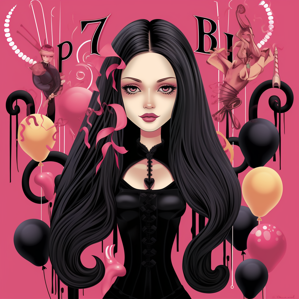 Vector art of 7-year-old birthday invitation with Addams Family as Barbie