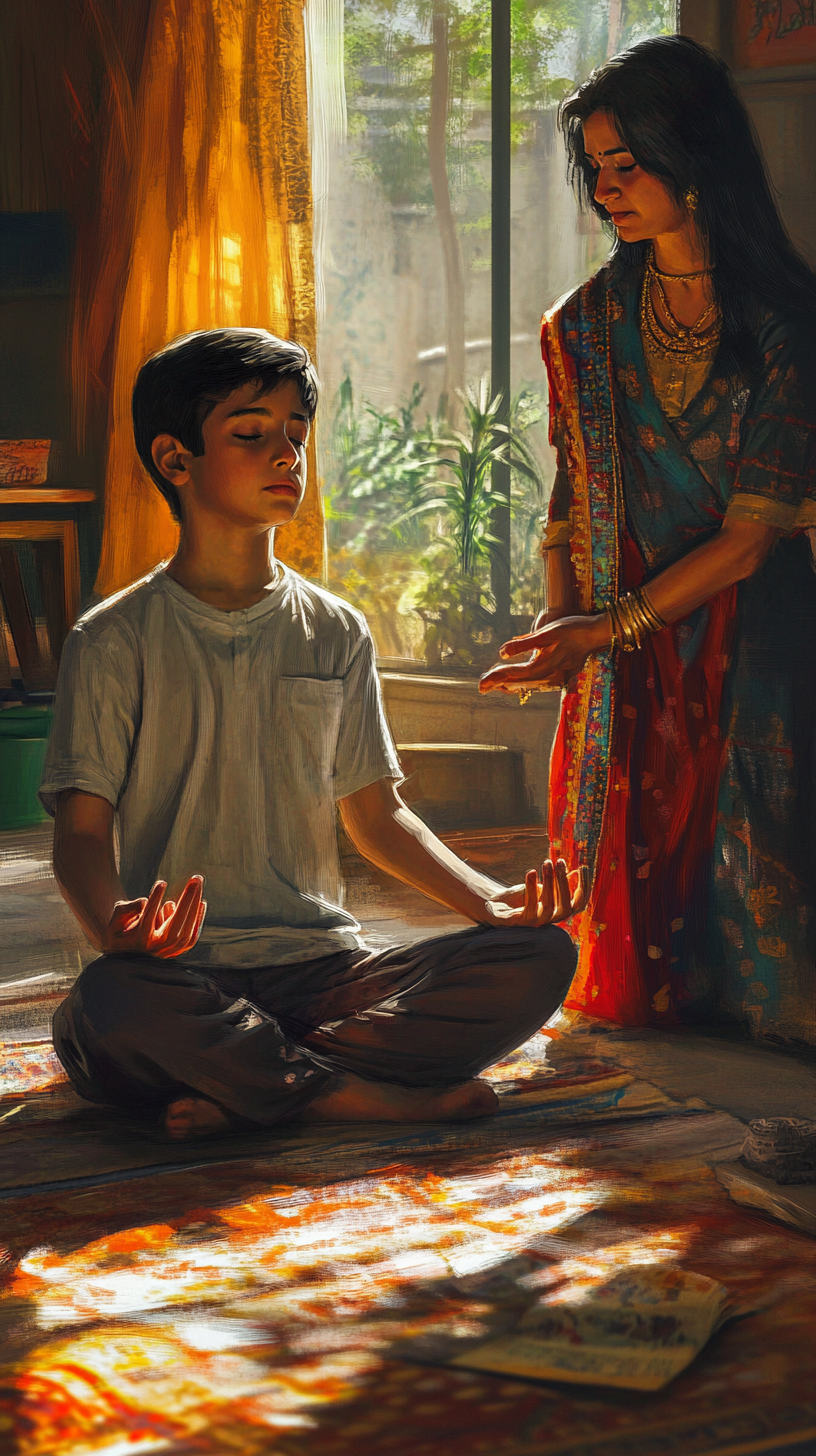 7 year old boy meditating gets scolded. Mother prepares to slap.