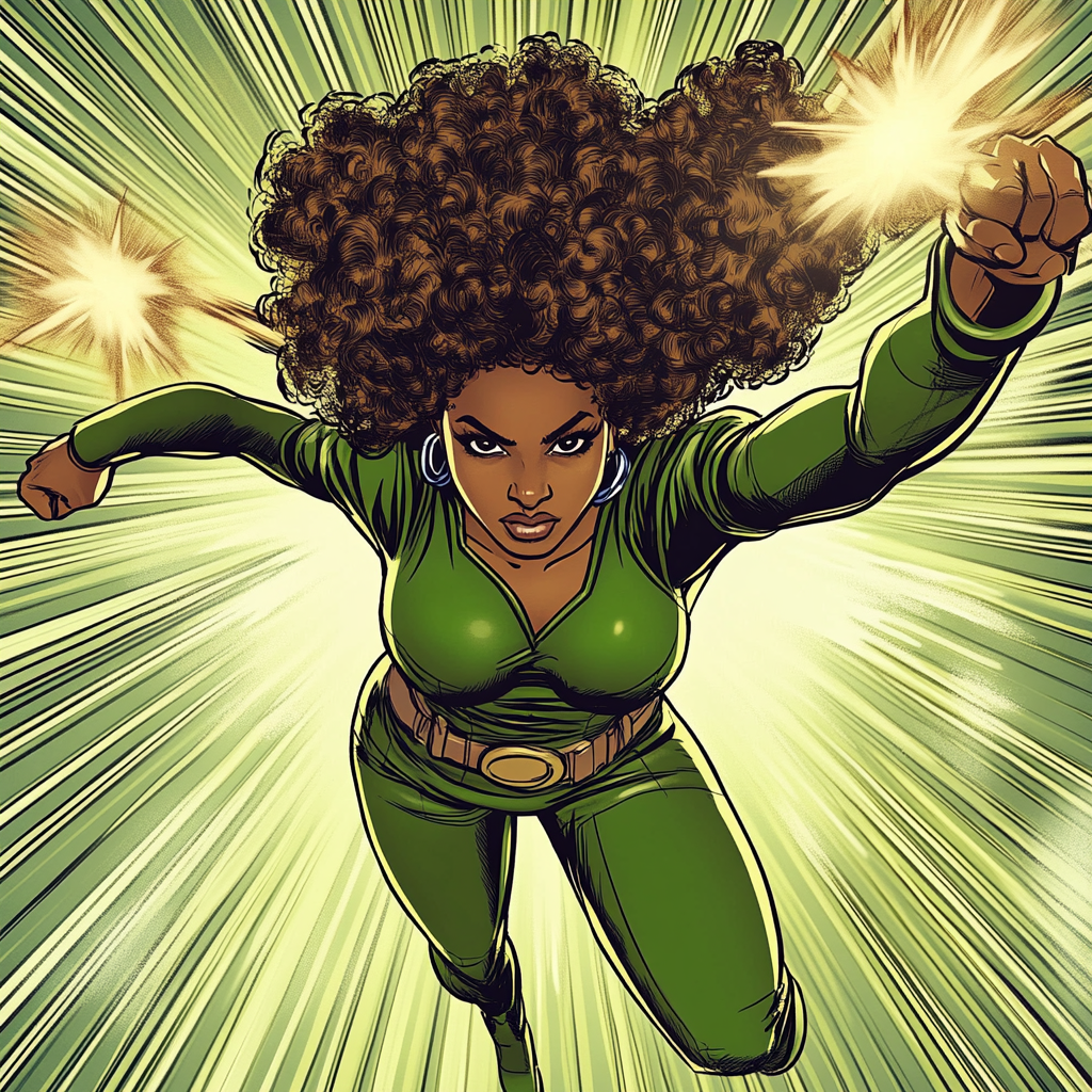 70s African American Superhero Woman in Green Jumpsuit