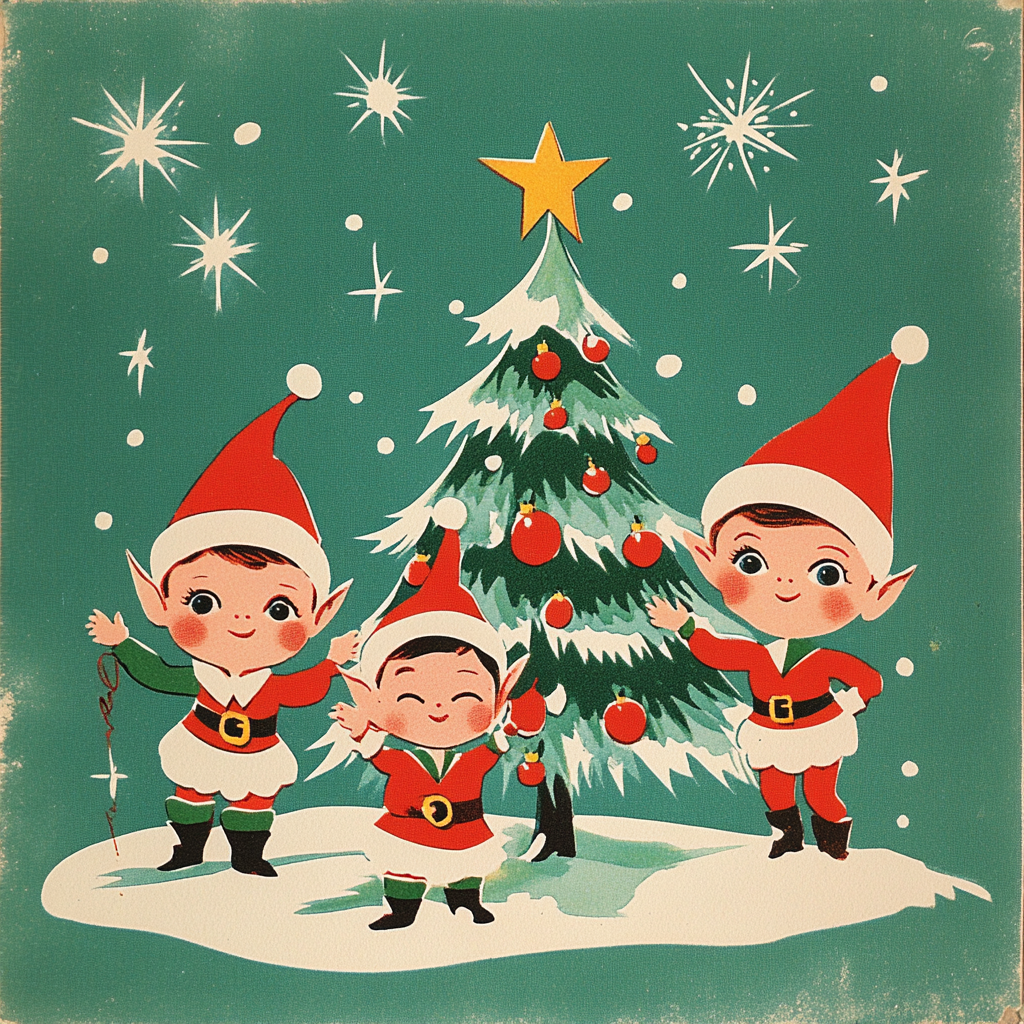 70s Retro Style Christmas Card Design with Elves