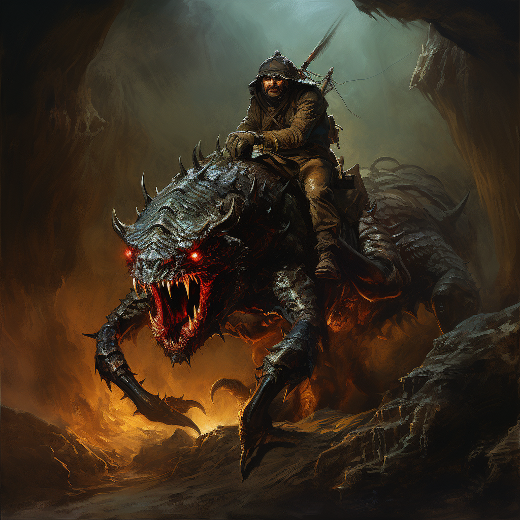 Beast master riding a scorpion in 70s dark fantasy