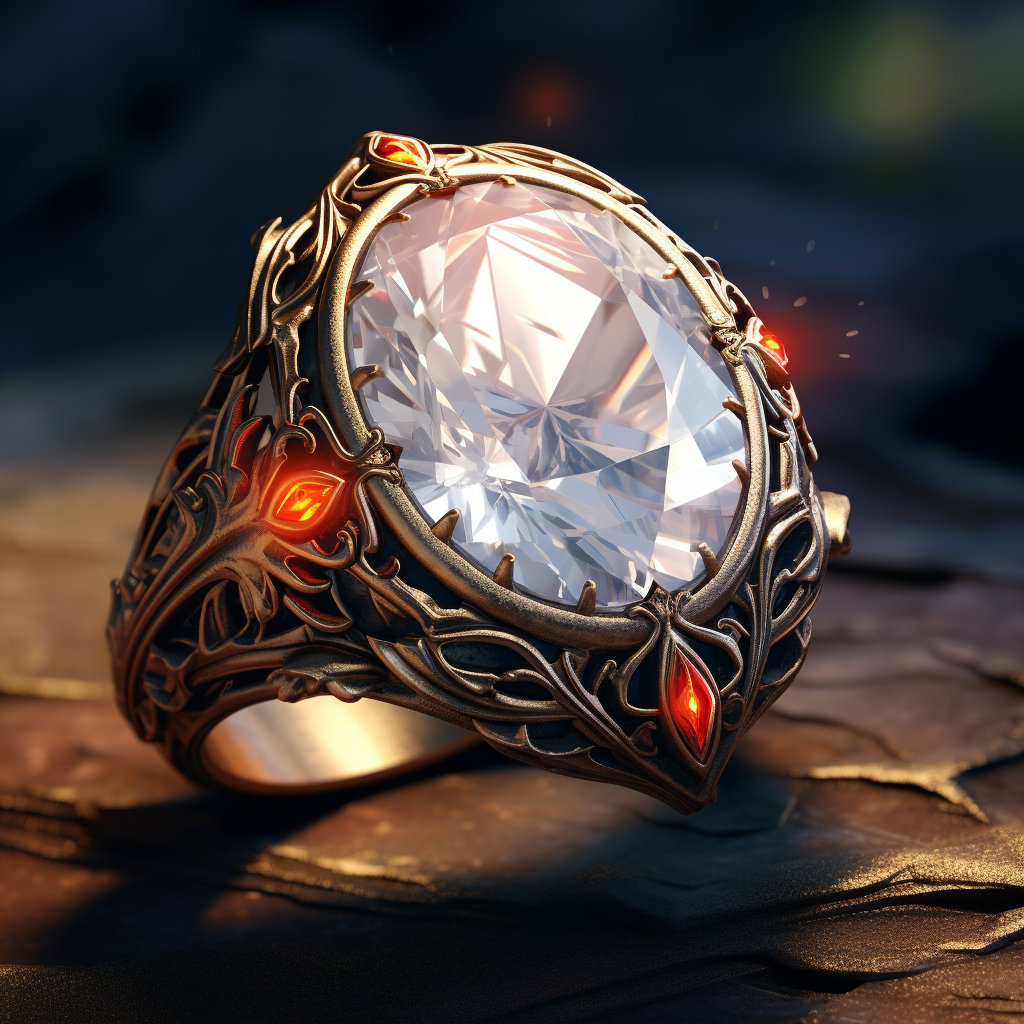 Dark fantasy powerful ring with glowing white crystal