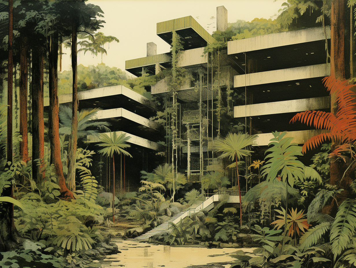 Grainy image of large brutalist building in rainforest