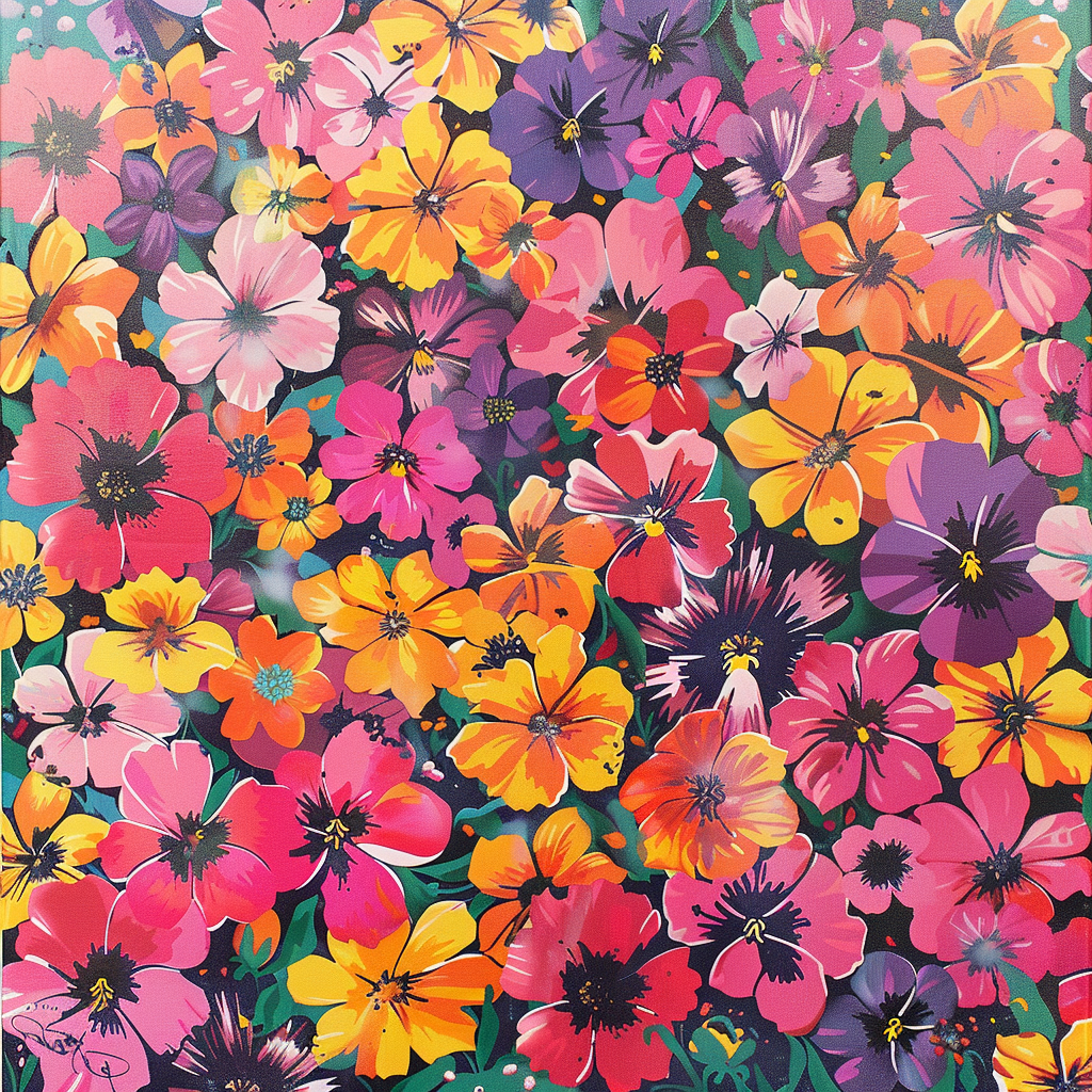 Colorful 70s Retro Flowers Print