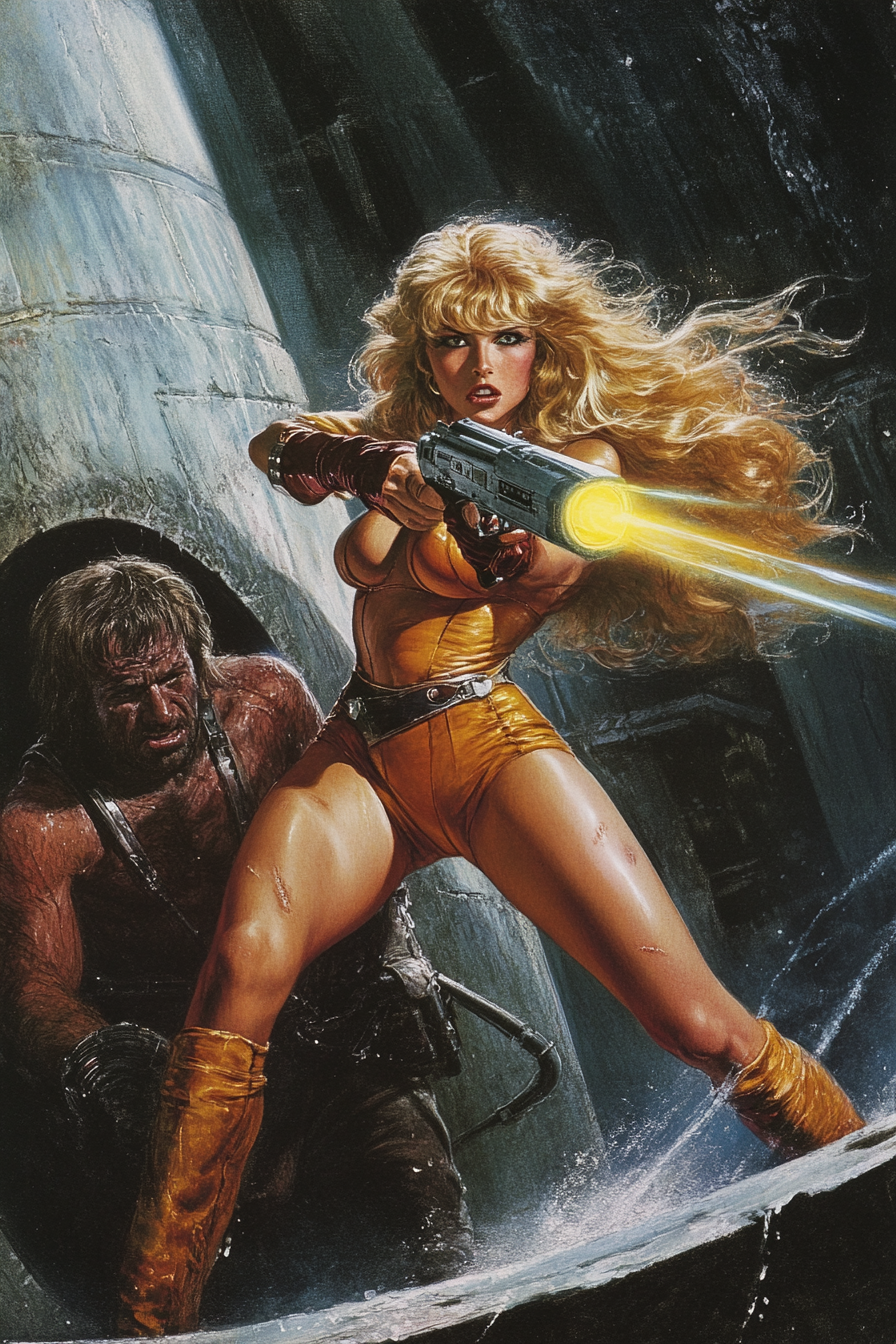 70s sci-fi book cover; Barbarella-esque heroine, laser gun.