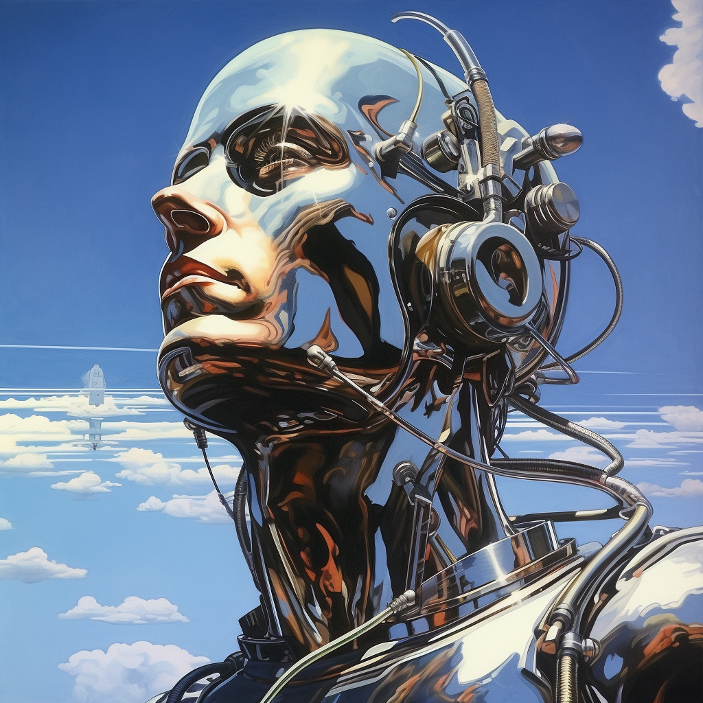 Sci-fi male robot looking sky