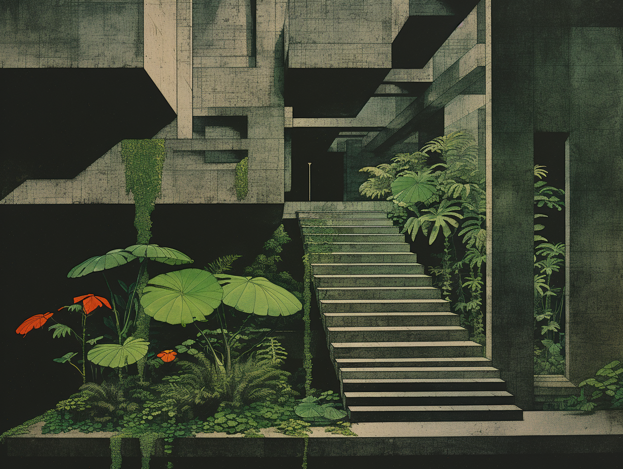 Concrete steps in rainforest with plants