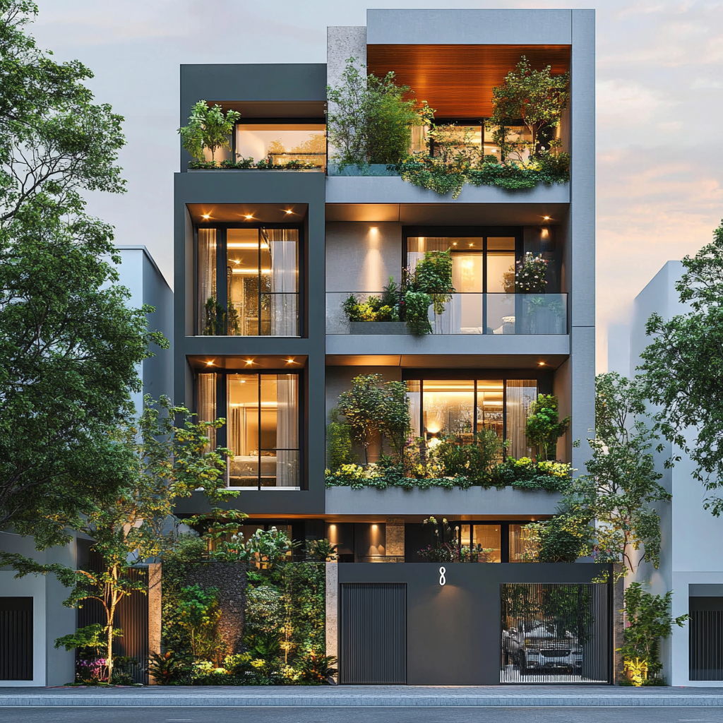 8-level modern building, penthouse on top, plants included.