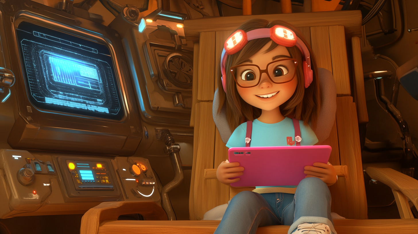 8-year-old girl in wooden treehouse spaceship, smiling with tablet.