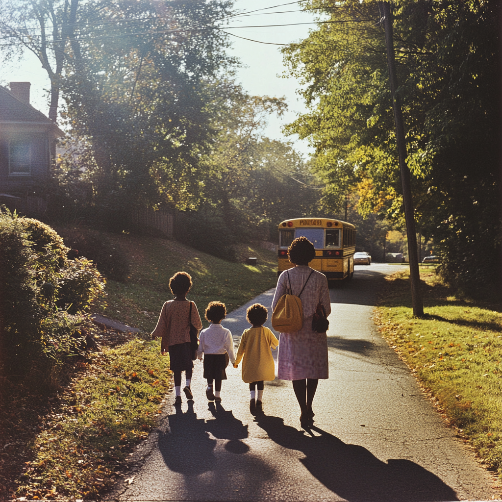 80's Black Mom Walking Kids to School Bus in Connecticut Sun