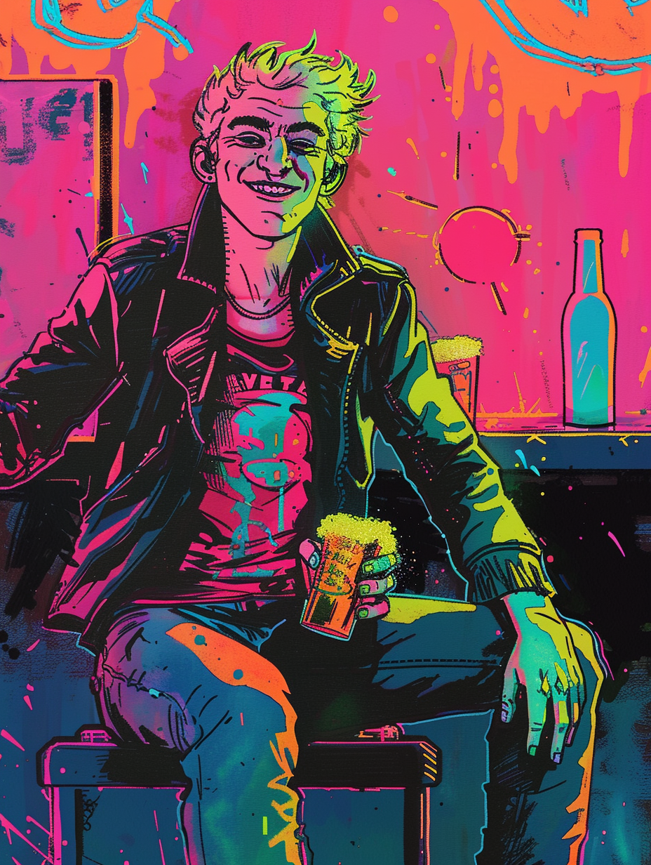 80's Man Enjoying Beer Under Neon Lights