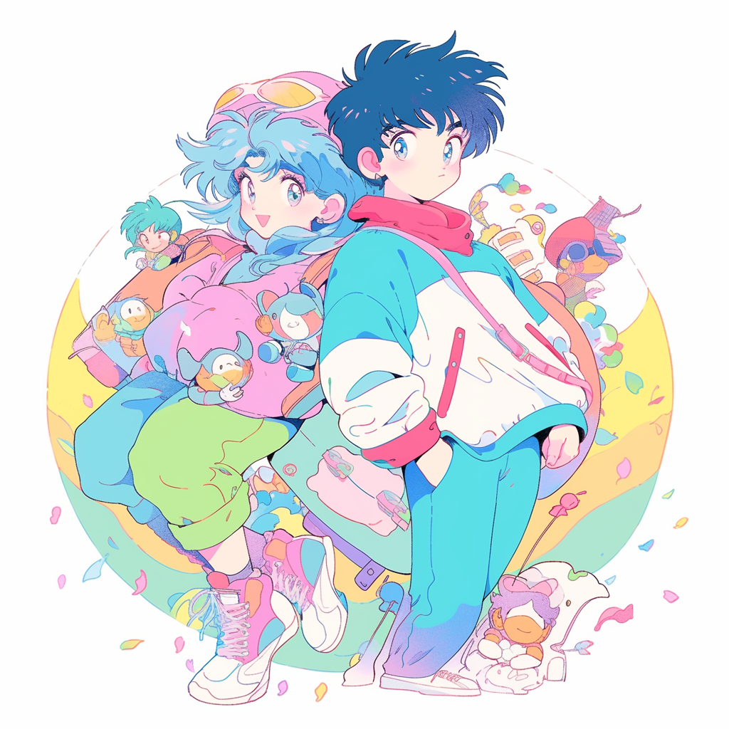 80s anime Grogu and Mando with pastel colors