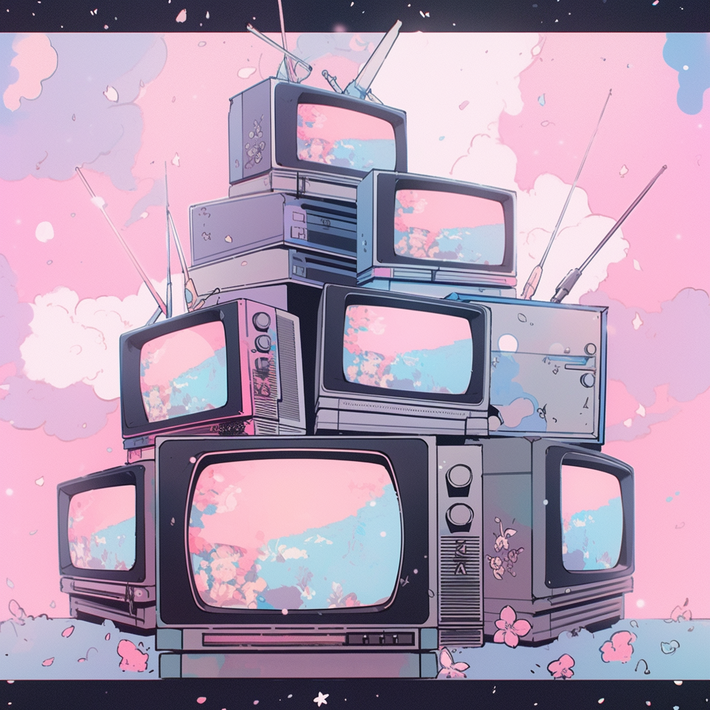 80s Anime Yoda in Muted Pastel Colors on CRT Television