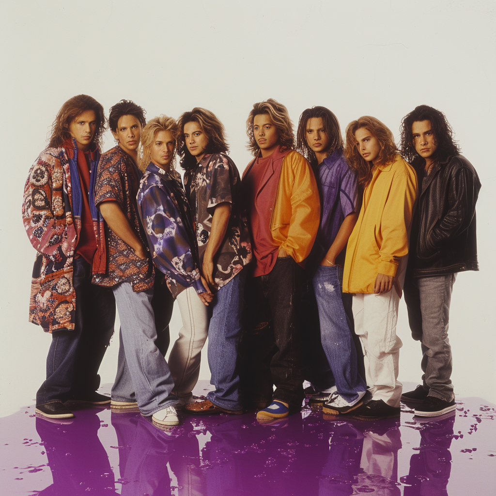 80s boy band group photo with purple puddle