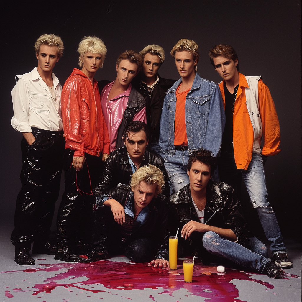 80s boy band poster with group photo and juice spill