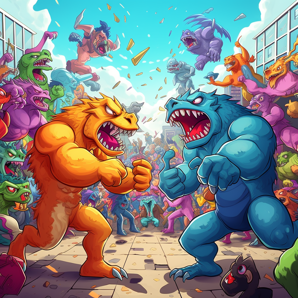 Friendly monsters wrestling in colorful 80s cartoon