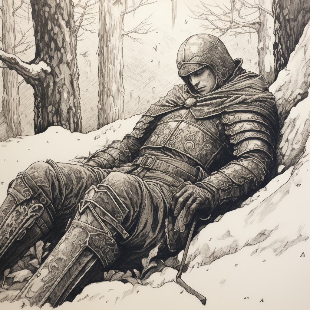 Peaceful knight sleeping in snow