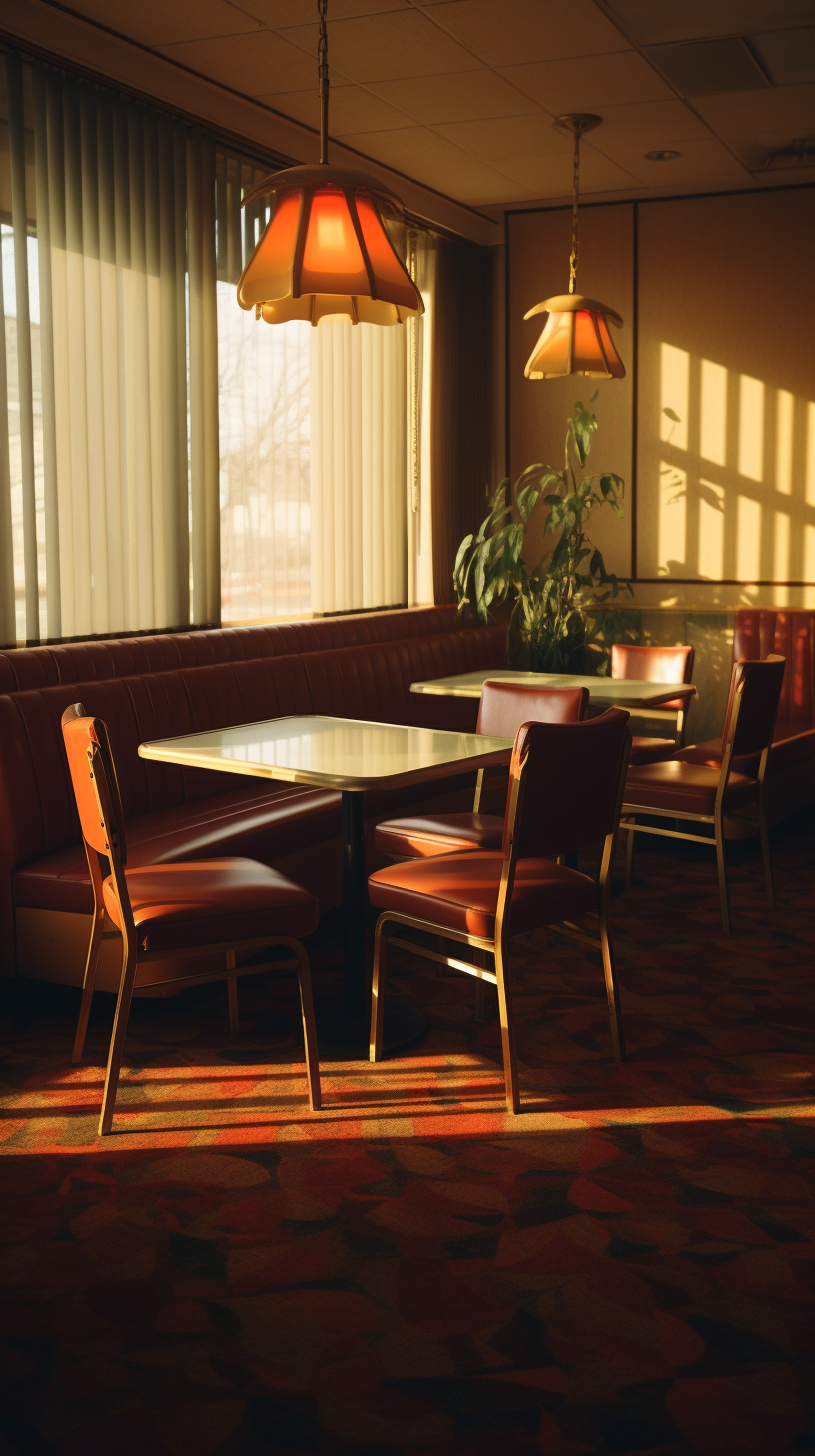 Retro 80s dining room with vibrant patterns and neon lights