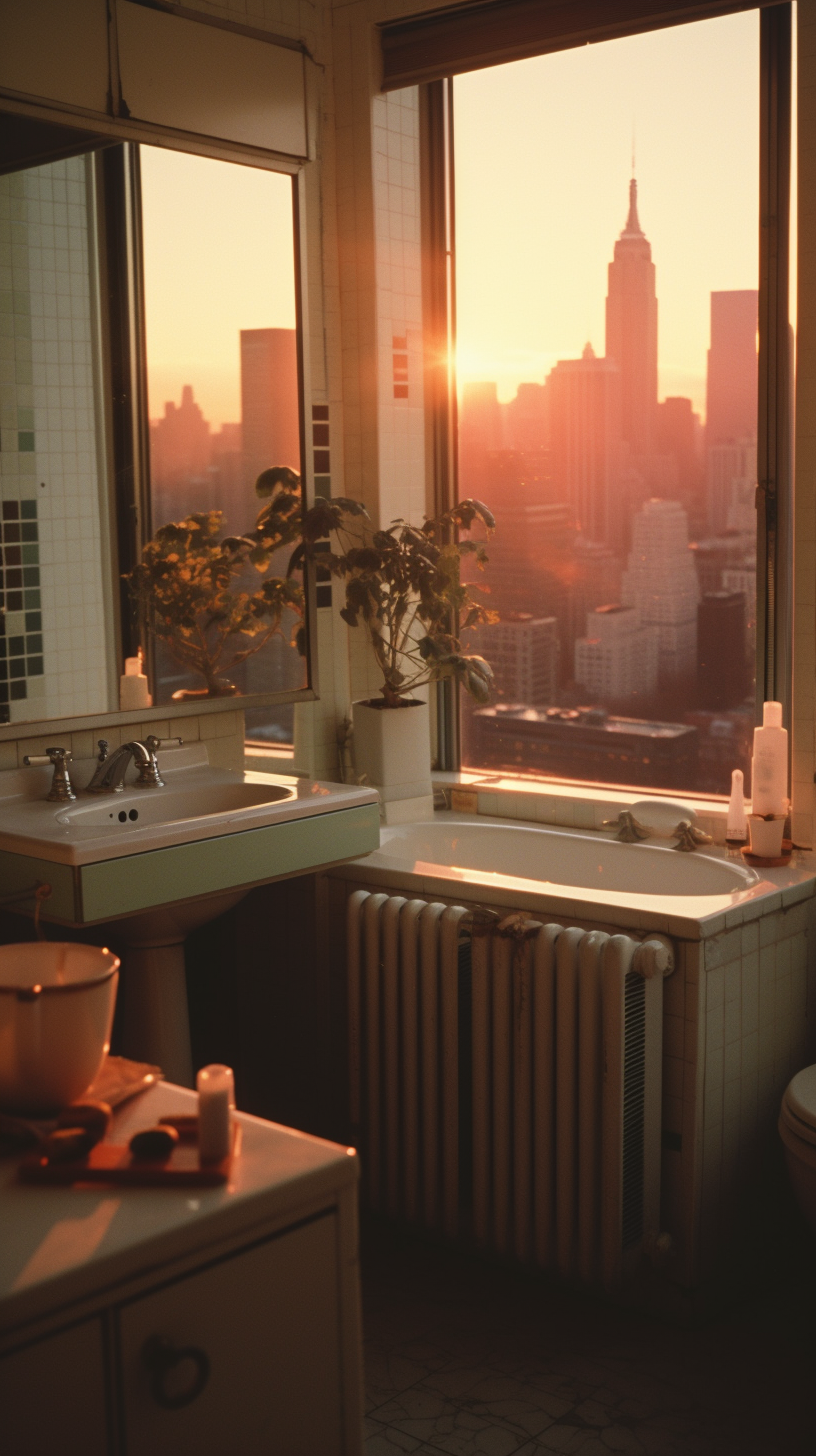 80s NYC apartment bathroom with city view