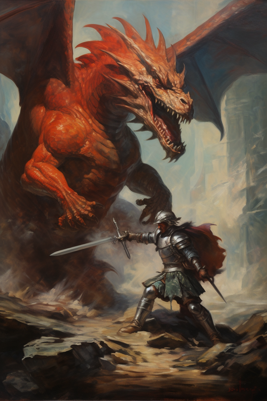 Knight fights dragon in 80s oil painting