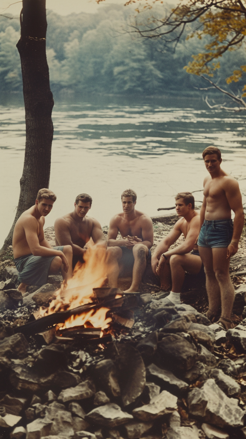 Attractive men at 80s river bonfire