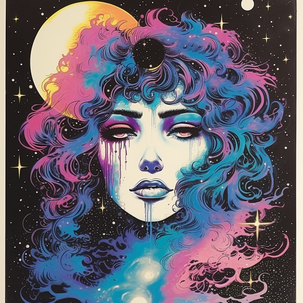 Colorful moon on 80s poster