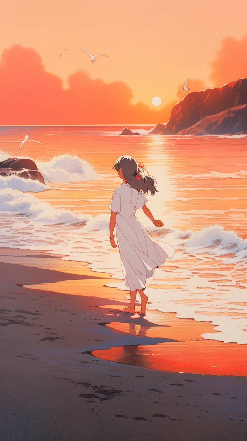 80s Retro Anime Fantasy Girl Walking on Beach at Sunset