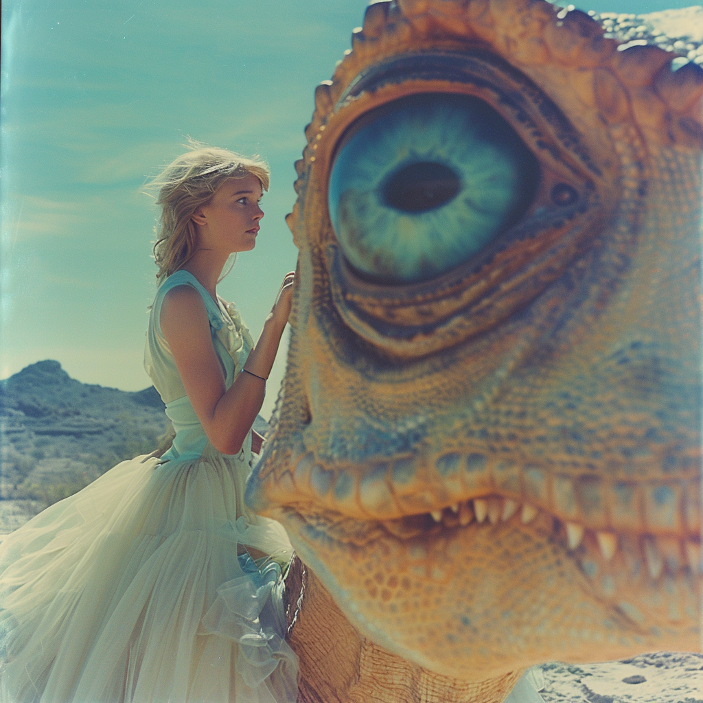 Retrofuturistic dinosaur desert eye in pastel tones