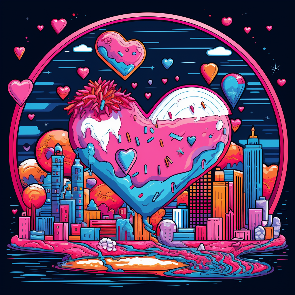 Vibrant 80s Romantic Scene with Neon Donuts and Hearts