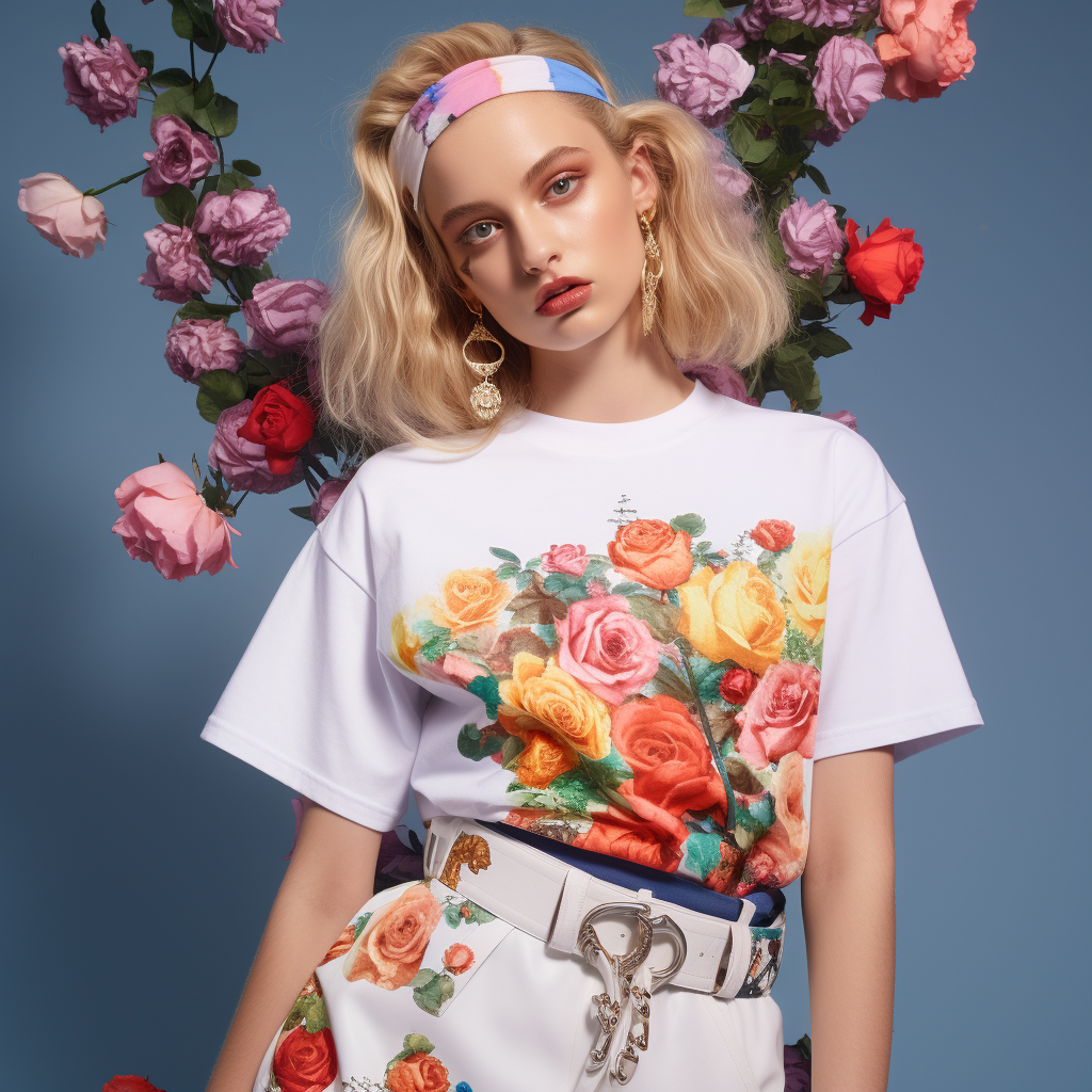 White T-shirt with 80s Sportswear Style and Colorful Flowers