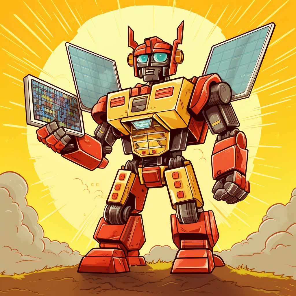 Yellow and Red Robot Holding Solar Panel