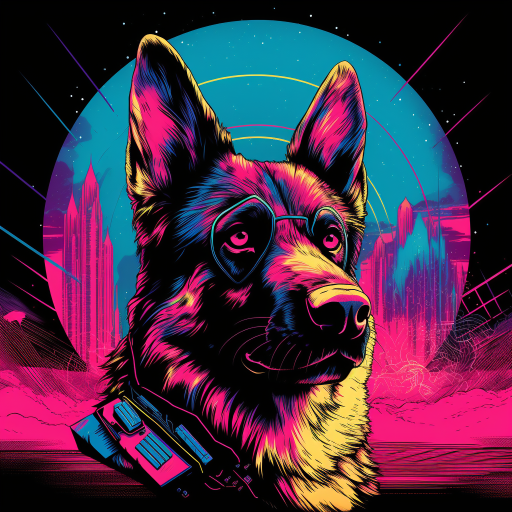 Stylish German Shepherd Dog in 80s Vaporwave Style