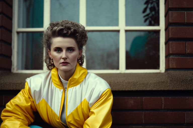 Woman in 80s shell suit on terrace