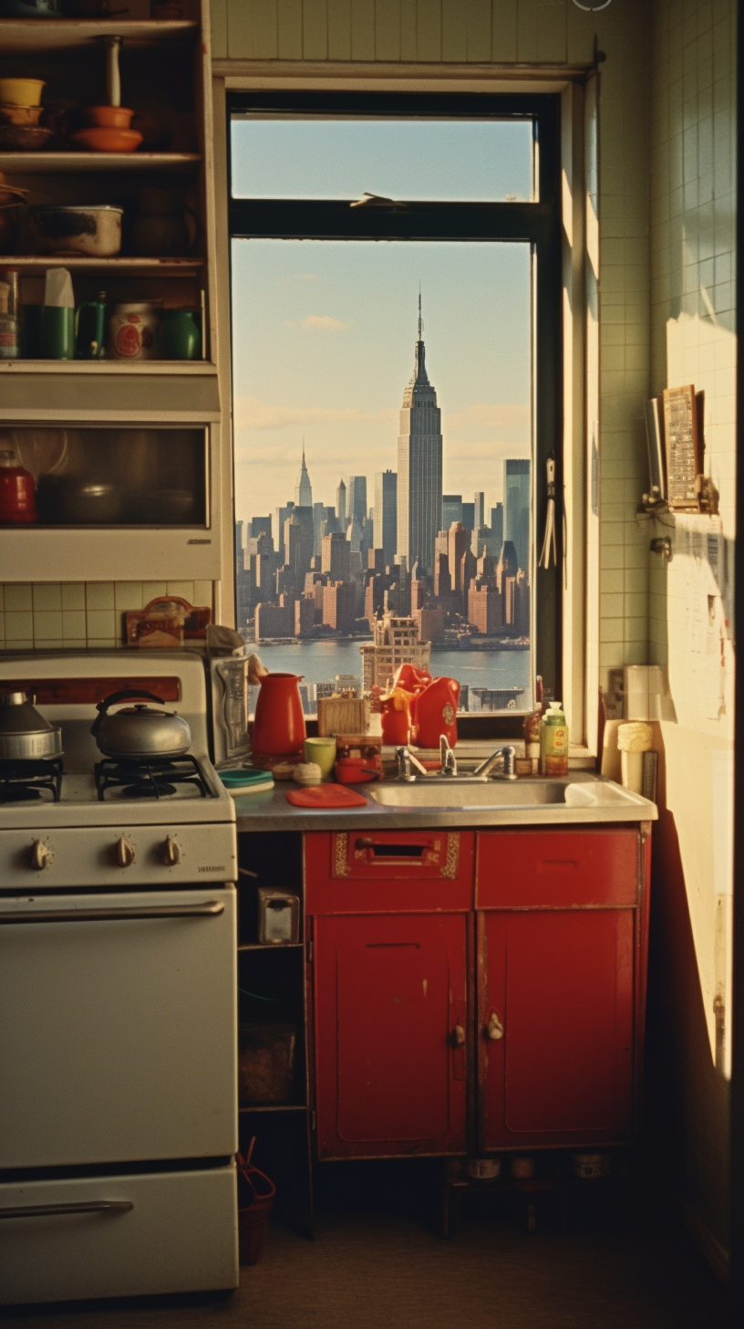 Retro 80s NYC Apartment Kitchen with City View